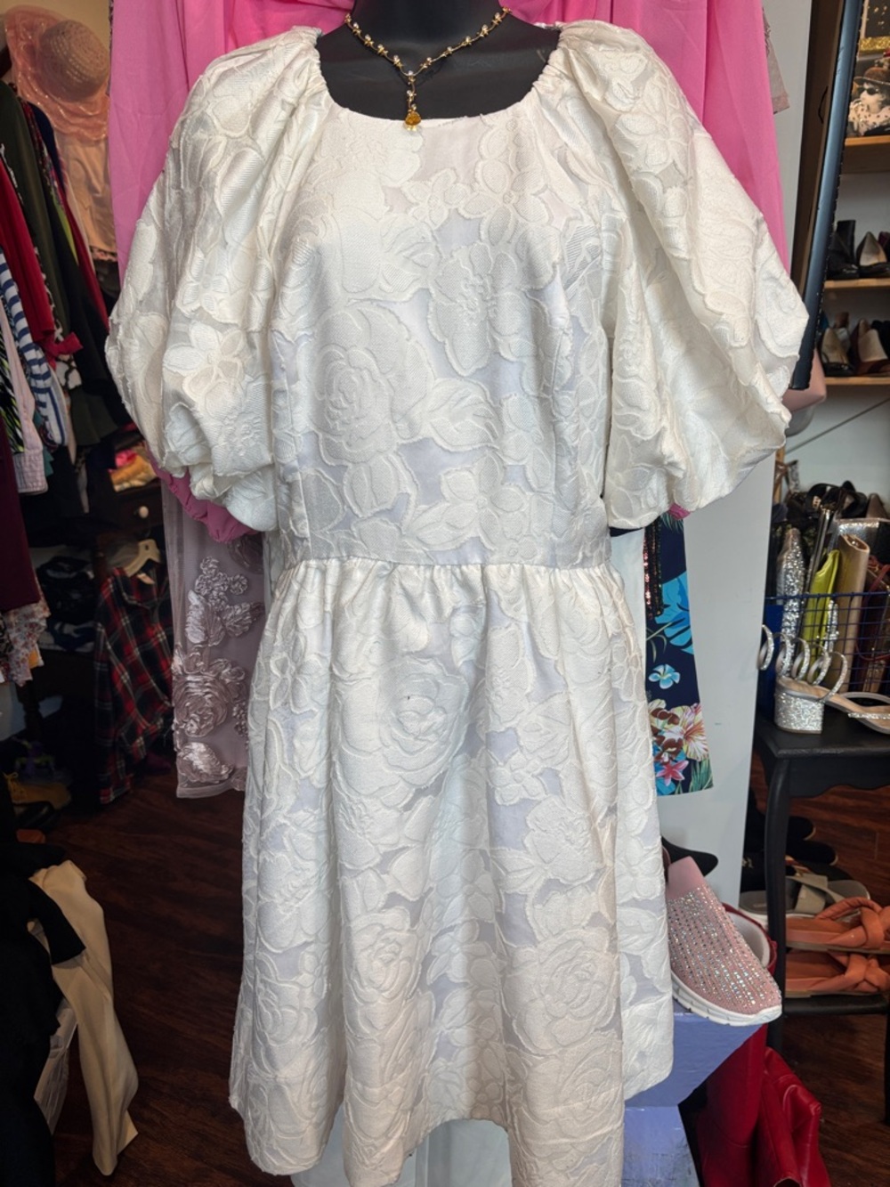 Lilly Pulitzer White Floral Jacquard Puff-Sleeve Midi Dress